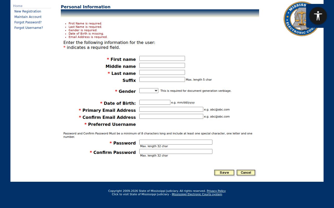 Warren County case search PAMEC personal account registration form