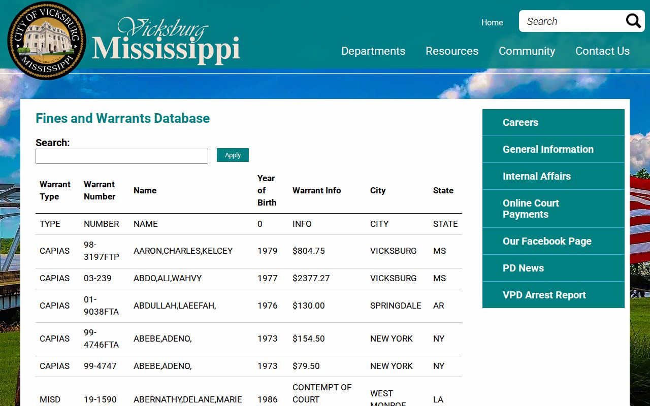 Warren County case search Vicksburg warrant database interface