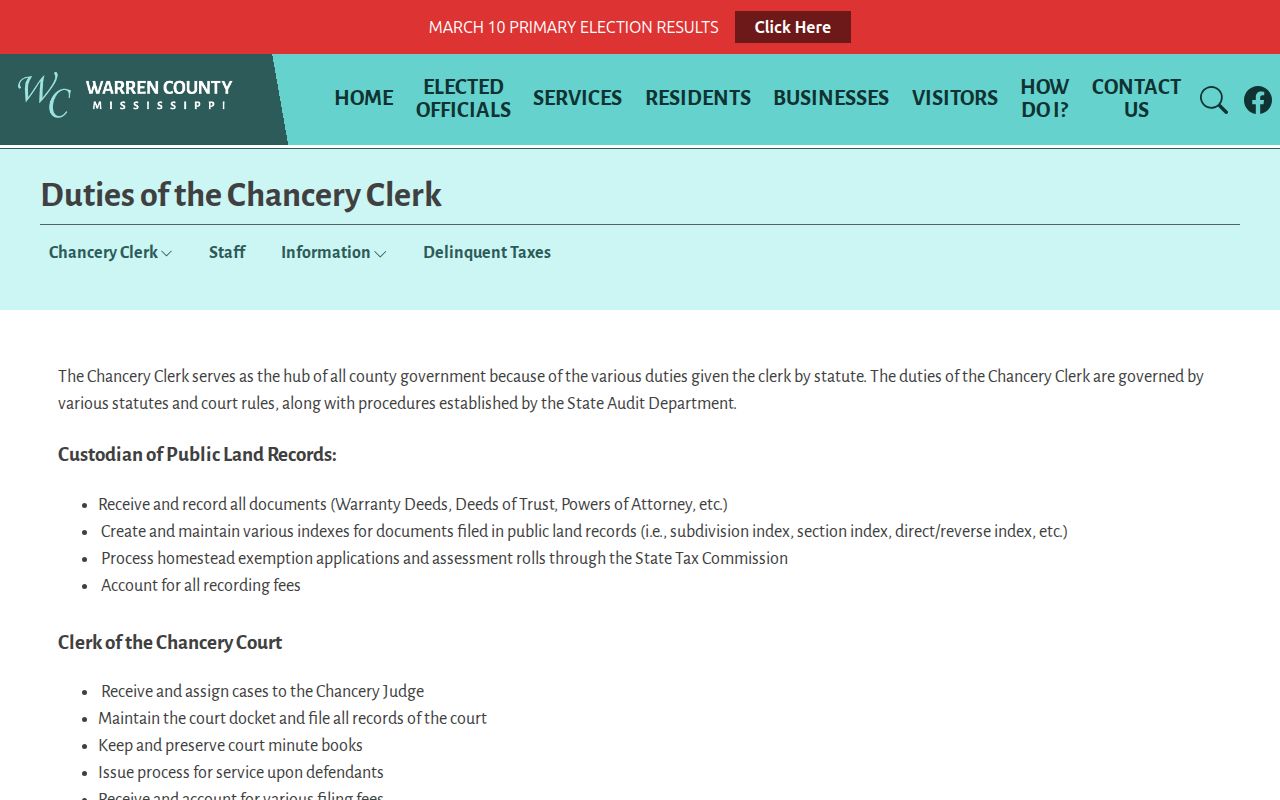 Warren County civil docket Chancery Clerk duties page