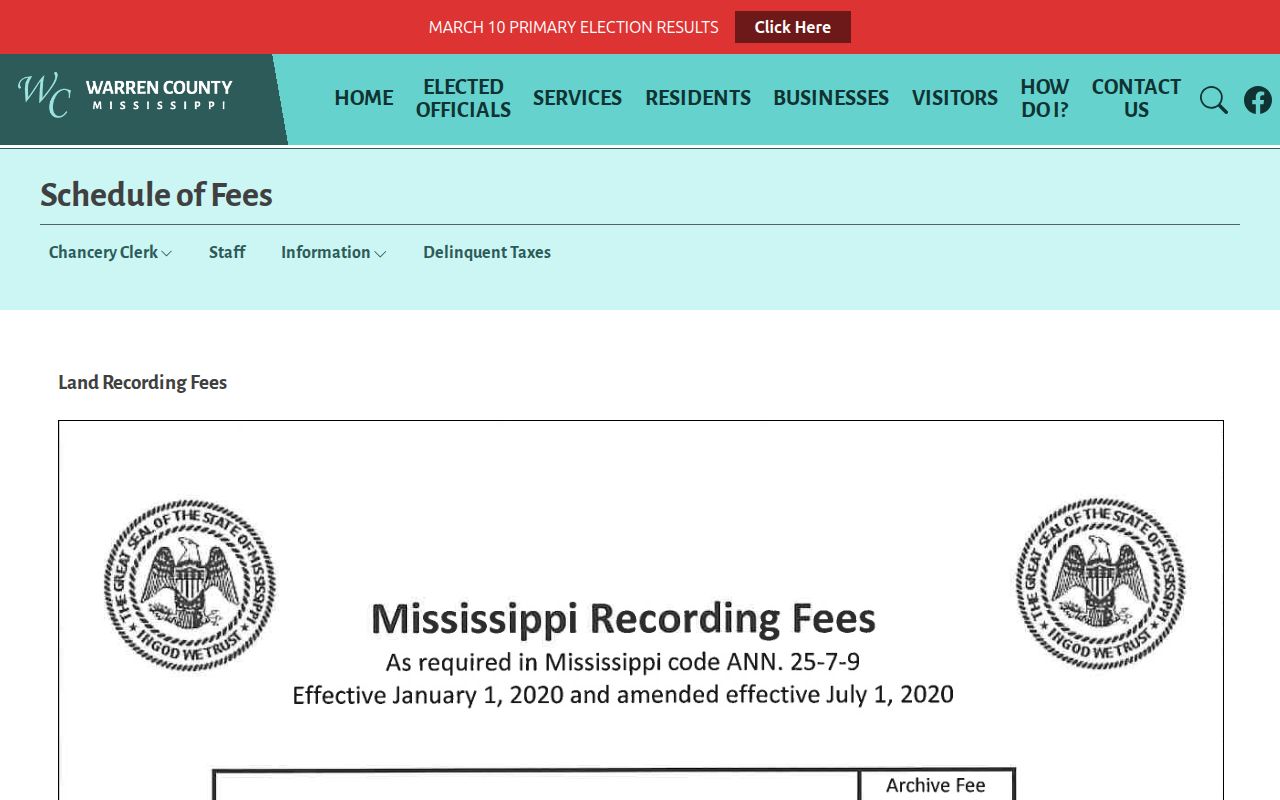 Warren County court records Chancery Clerk fee page
