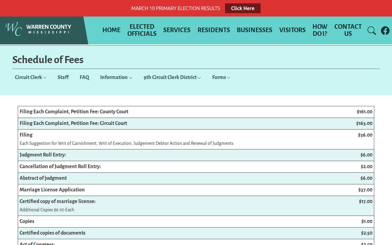 Warren County court records fee schedule page