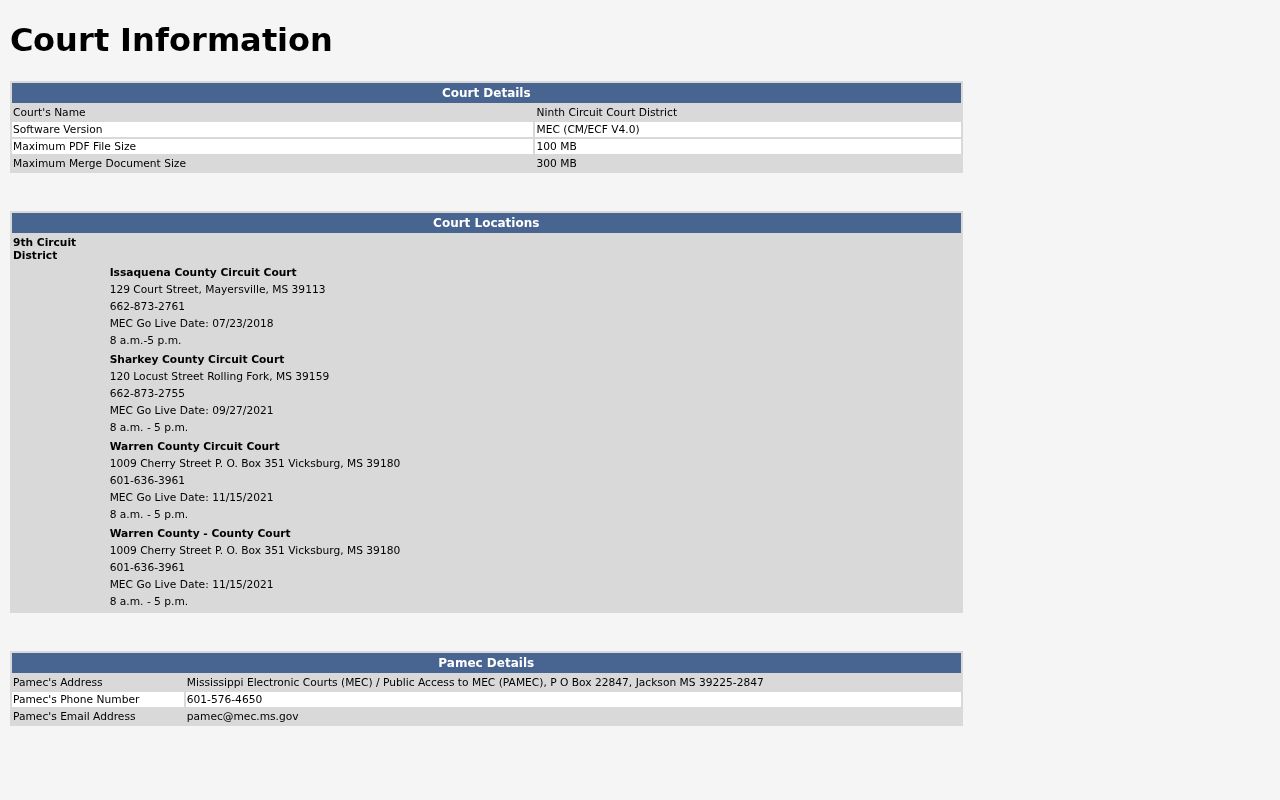 Warren County criminal docket Ninth Circuit MEC Court Information page
