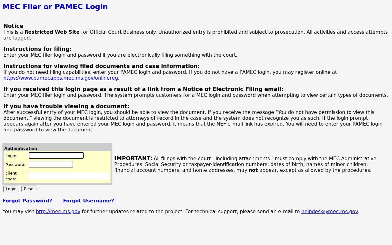 Warren County criminal docket Ninth Circuit MEC login screen