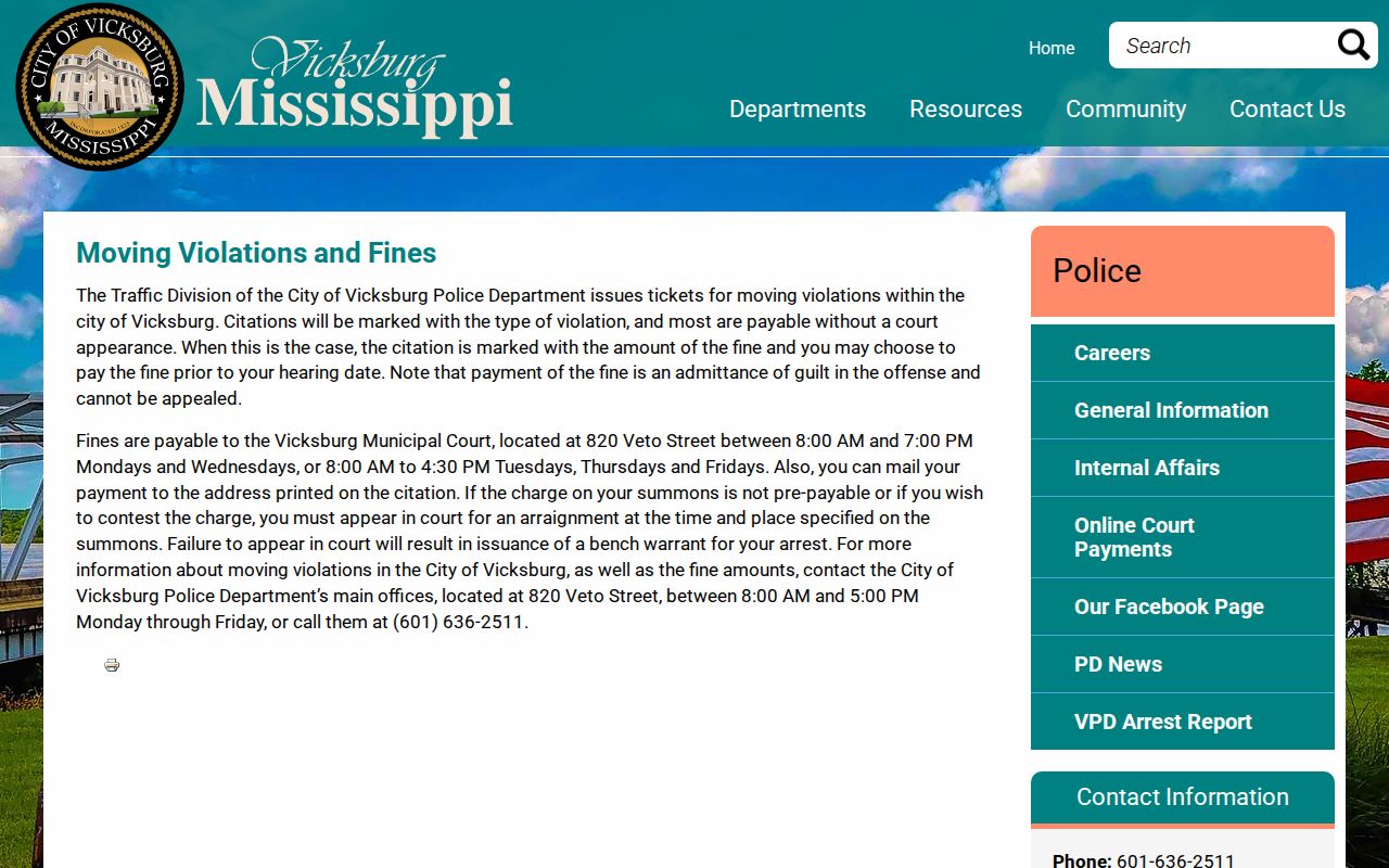 Warren County traffic court records Vicksburg moving violations and fines page