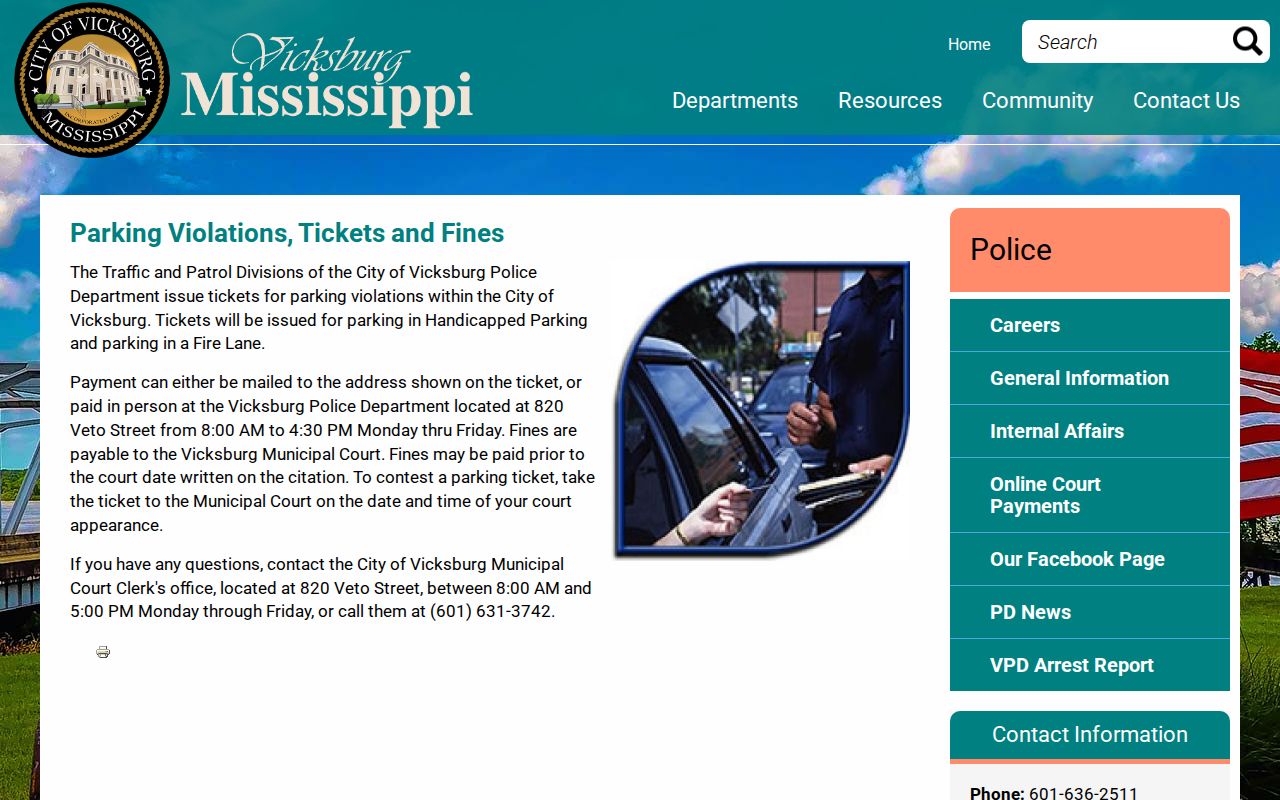 Warren County traffic court records Vicksburg parking tickets page