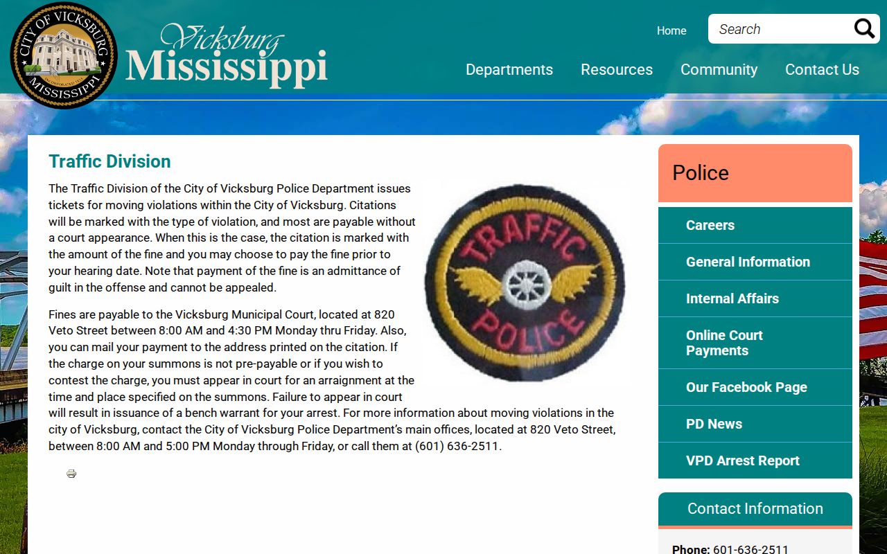 Warren County traffic court records Vicksburg Traffic Division page